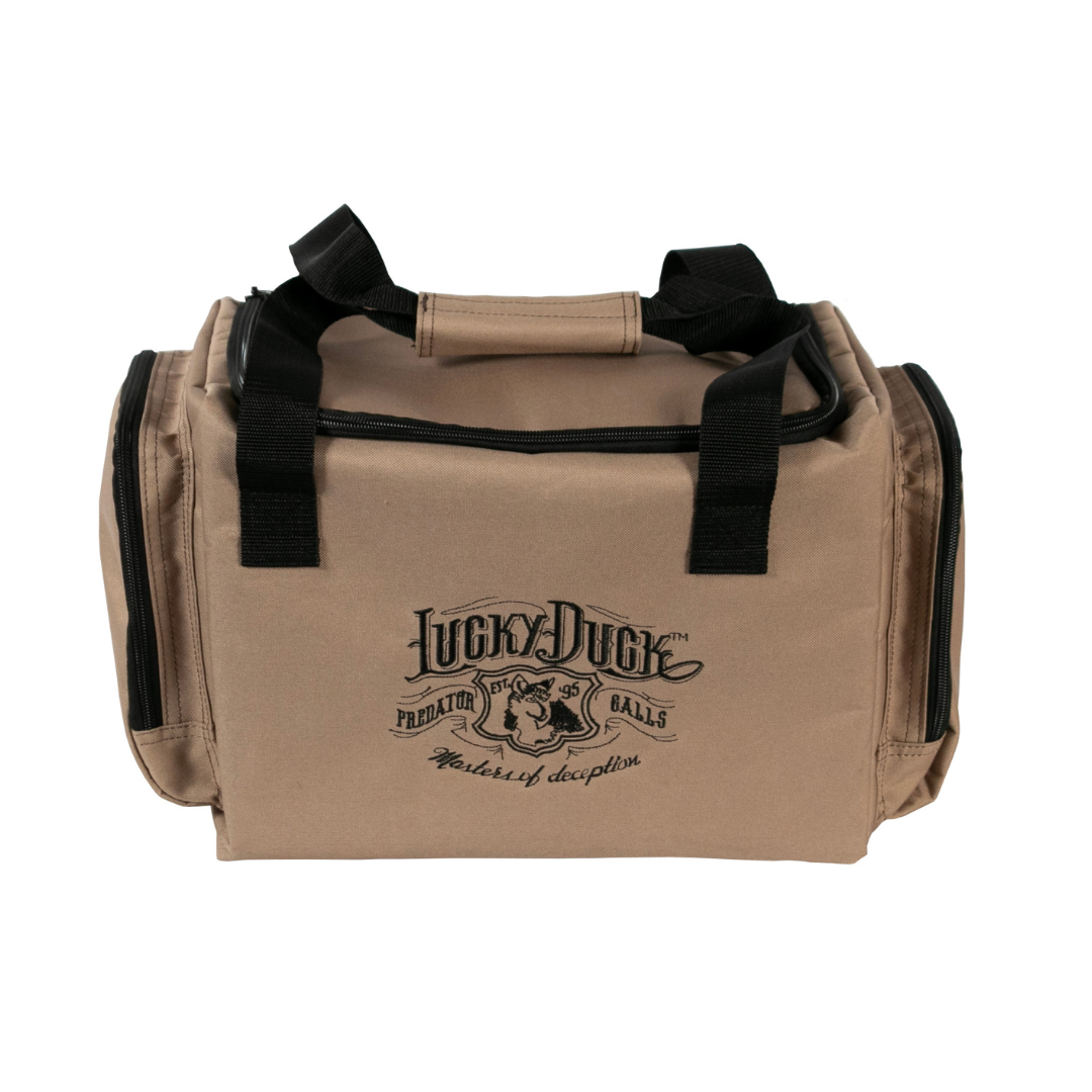 Brown E-Caller Bag with black handles and 'Lucky Duck' logo on a white background
