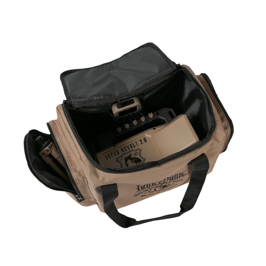 Open E-Caller Bag beige and black bag with visible brand logo on a white background