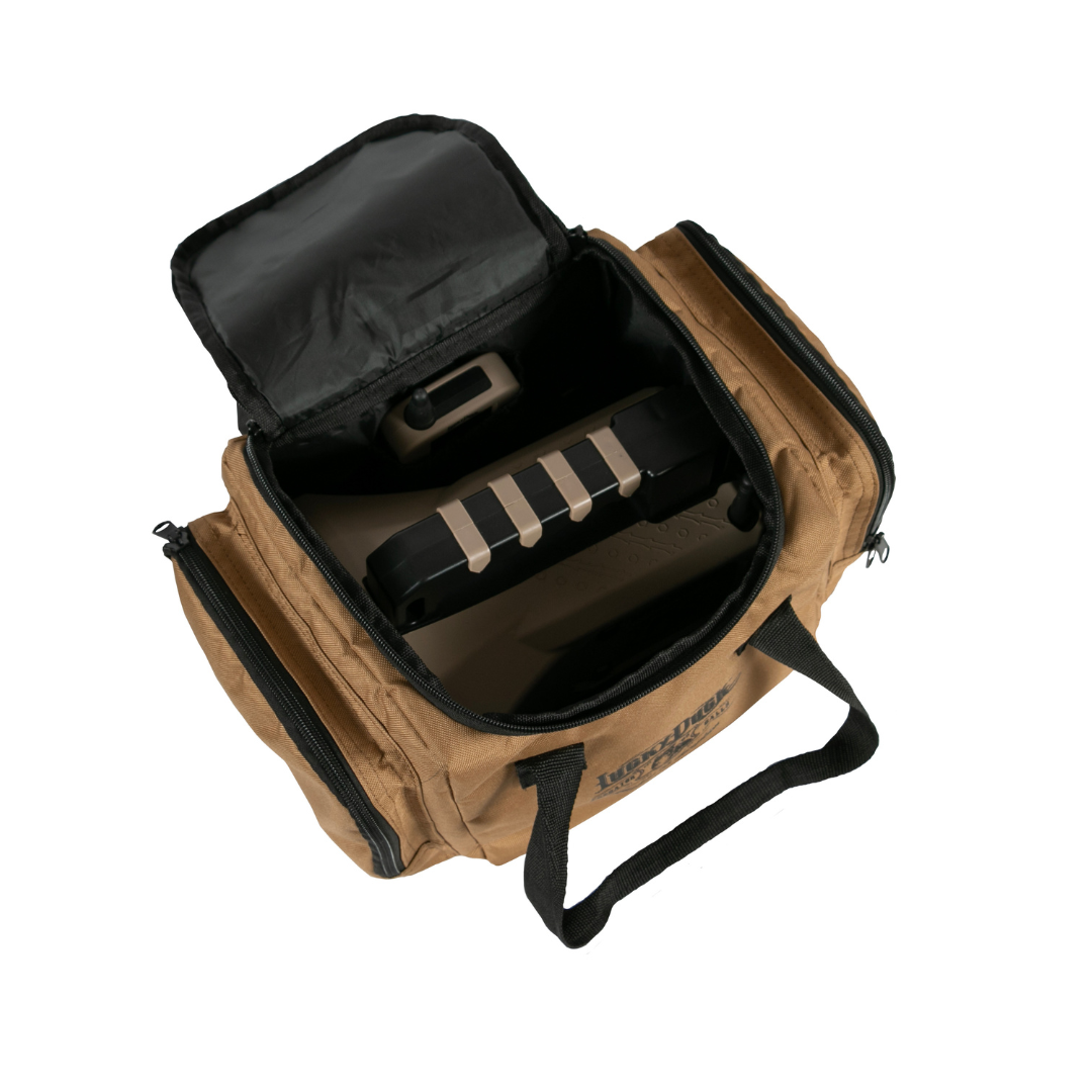 Large Lucky Duck E-Caller bag with black interior and visible brand name on a white background