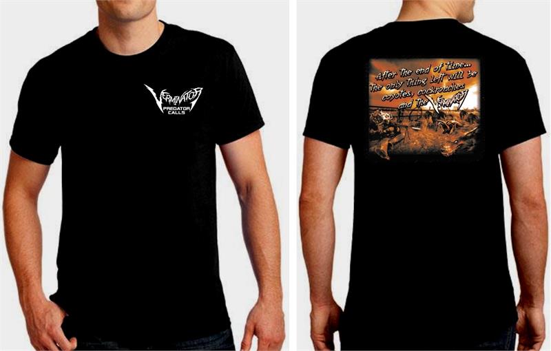 Verminator Apocalypse T-Shirt Black t-shirt with a logo on the front and a graphic on the back, worn by a person.