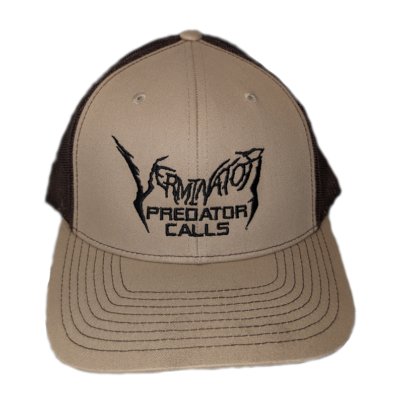 Beige cap with black mesh and 'Predator Calls' logo on a white background
