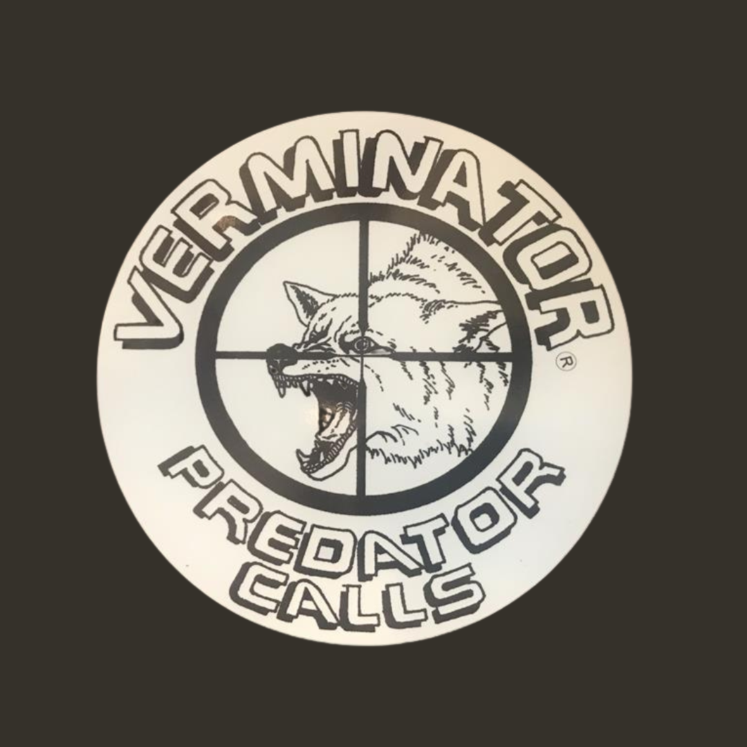 Verminator Predator Calls Window Decal with a wolf and crosshairs on a black background