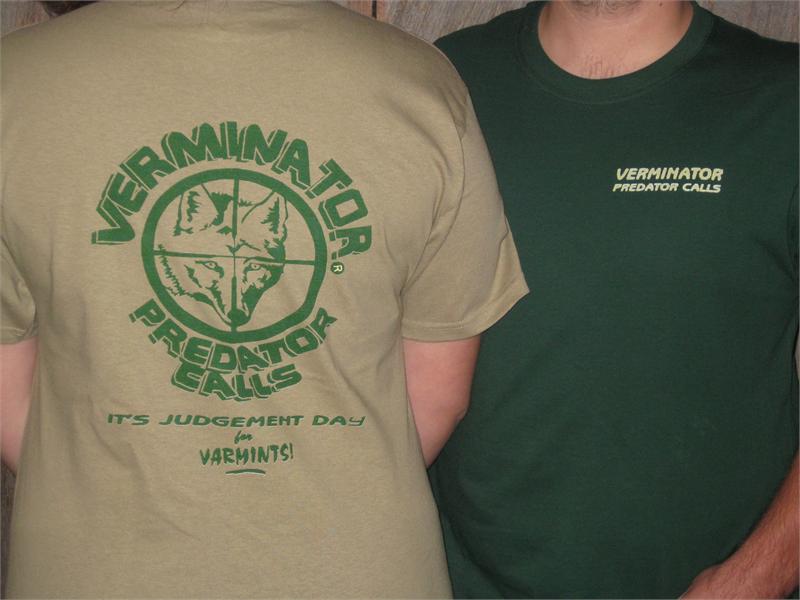 Two t-shirts, one green with 'VERMINATOR PREDATOR CALLS' design, the other dark green with text.