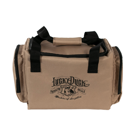 Brown E-Caller Bag with black handles and 'Lucky Duck' logo on a white background