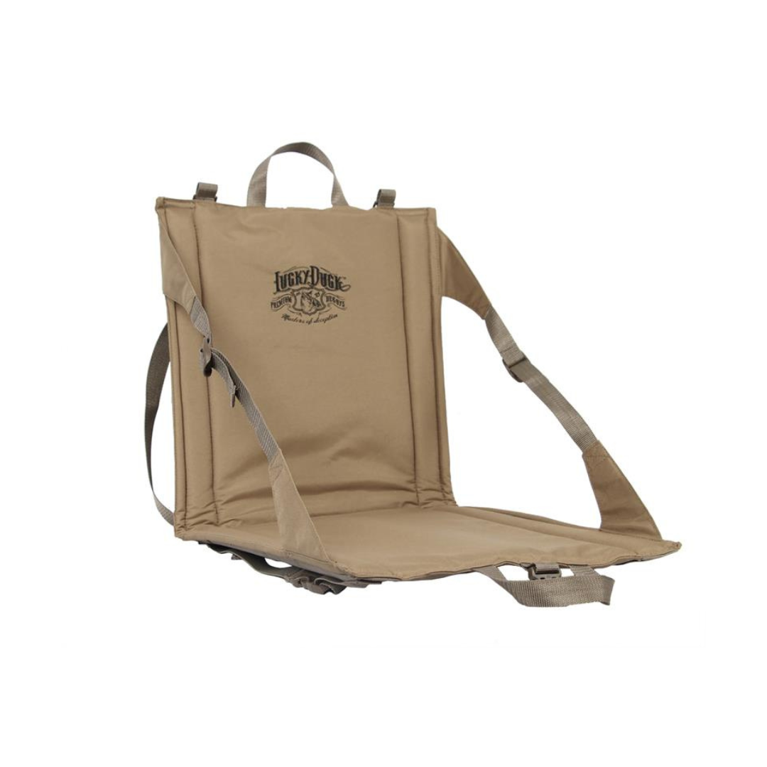 Tan Folding Predator Seat with a Lucky Duck logo on a white background