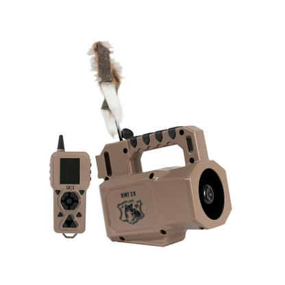 Hunting call device with a feathered deco on a white background