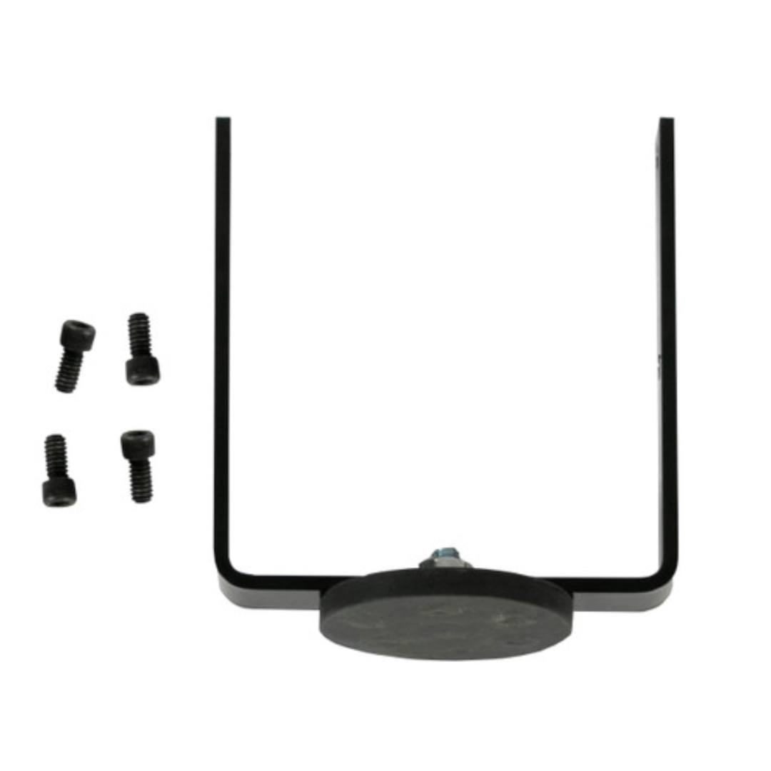 Black metal mounting bracket with screws on a white background for a Lucky Duck E-Caller