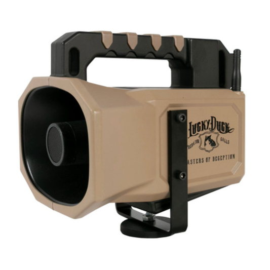 Mounting bracket for a beige and black hunting call device with 'Lucky Duck' branding on a white background