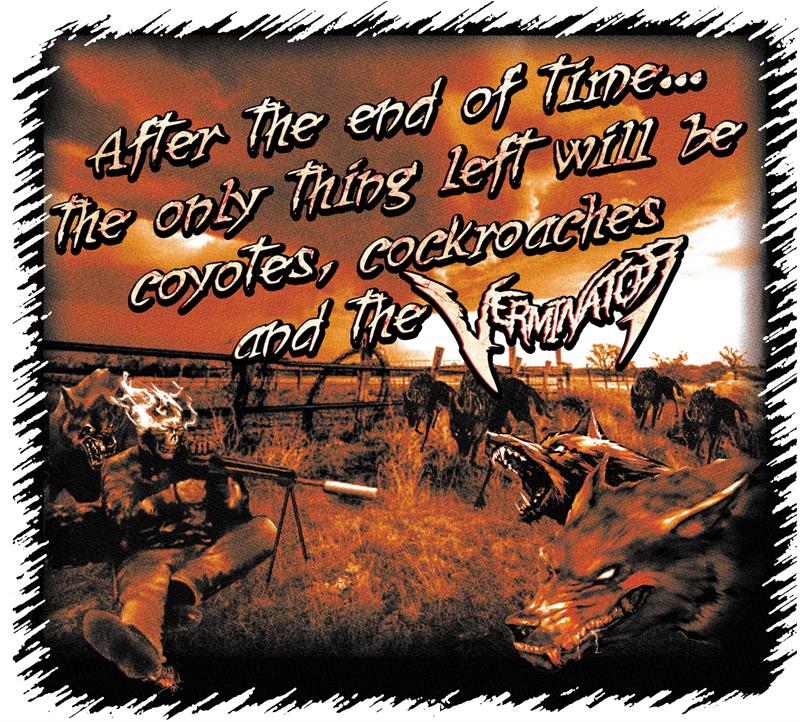 Verminator Apocalypse T-Shirt with Artistic depiction of a post-apocalyptic scene with text overlay, featuring skeletons and a sunset.