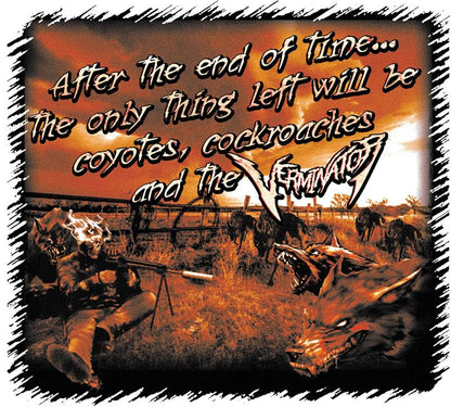 Verminator Apocalypse T-Shirt with Artistic depiction of a post-apocalyptic scene with text overlay, featuring skeletons and a sunset.