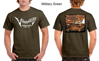 Verminator Apocalypse T-Shirt in Military Green with 'Predator Calls' logo on front and hunting scene on back, displayed on a person.