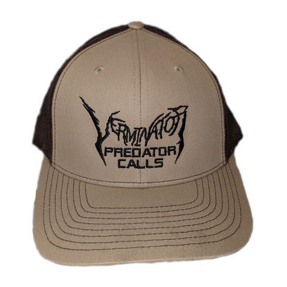 Beige cap with black mesh and 'Predator Calls' logo on a white background