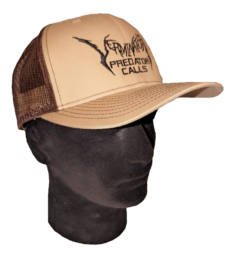 Beige and brown cap with 'Verminator 
Predator Calls' logo on a black mannequin head.