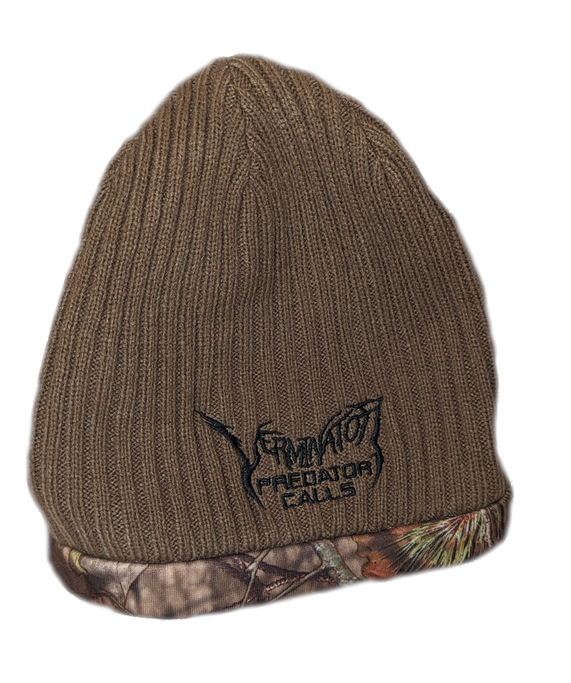 Verminator Brown knit beanie with camouflage band and logo on a white background