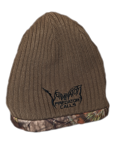Verminator Brown knit beanie with camouflage band and logo on a white background