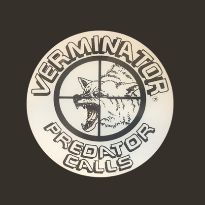 Verminator Predator Calls Window Decal with a wolf and crosshairs on a black background