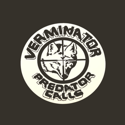 Verminator Predator Calls Window Sticker with a wolf design and crosshairs on a black background