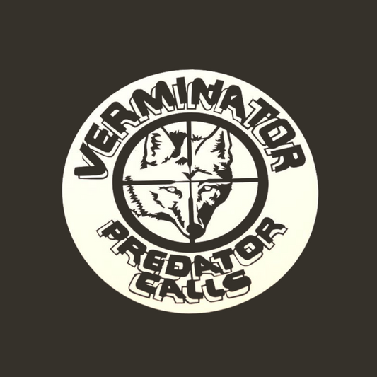 Verminator Predator Calls Window Sticker with a wolf design and crosshairs on a black background