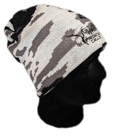 Camouflage-patterned beanie on a black mannequin head with 'Predation Calls' branding.