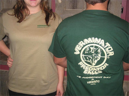 Two people wearing t-shirts with 'Vermintor' branding, one on the front and one on the back.
