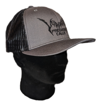 Gray and black cap with 'Verminator Predator Calls' logo on a mannequin head against a white background