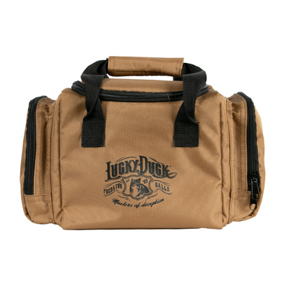 Large E-Caller bag with black straps and 'Lucky Duck' logo on a white background